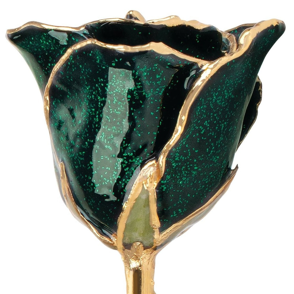 Preserved Sparkle Emerald Colored Rose with 24K Gold Trim for Luxury Home Decor
